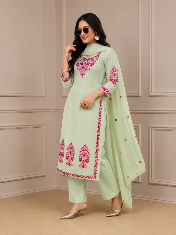 Women Viscose Embroidered | Kurta Pant Dupatta Set 